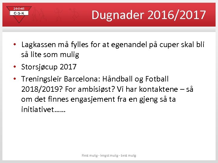 Dugnader 2016/2017 • Lagkassen må fylles for at egenandel på cuper skal bli så