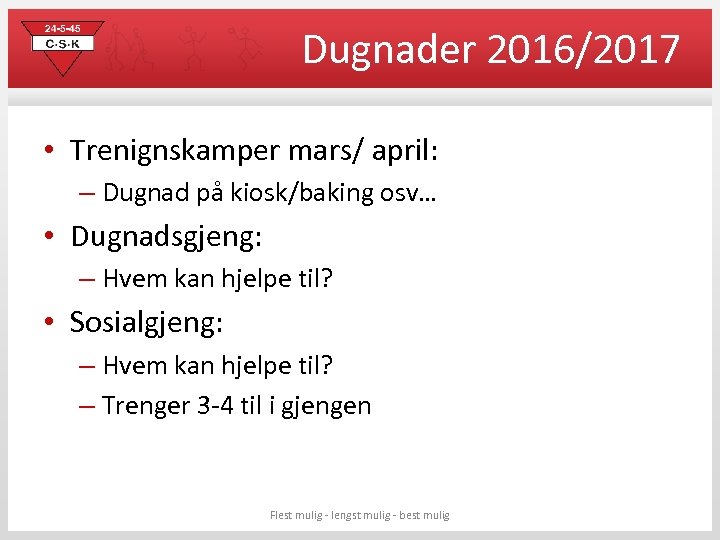 Dugnader 2016/2017 • Trenignskamper mars/ april: – Dugnad på kiosk/baking osv… • Dugnadsgjeng: –