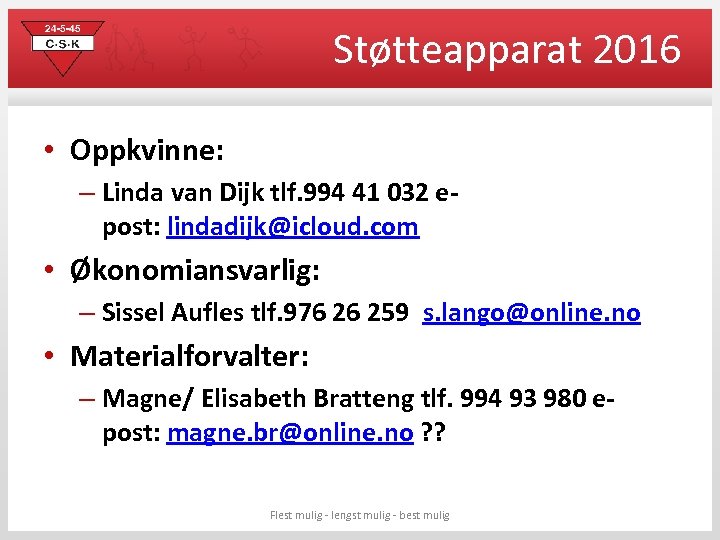 Støtteapparat 2016 • Oppkvinne: – Linda van Dijk tlf. 994 41 032 epost: lindadijk@icloud.