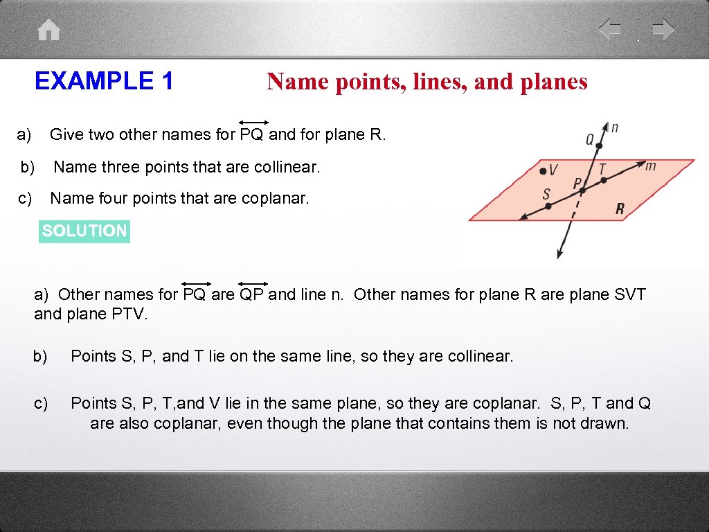 EXAMPLE 1 Name points, lines, and planes a) Give two other names for PQ