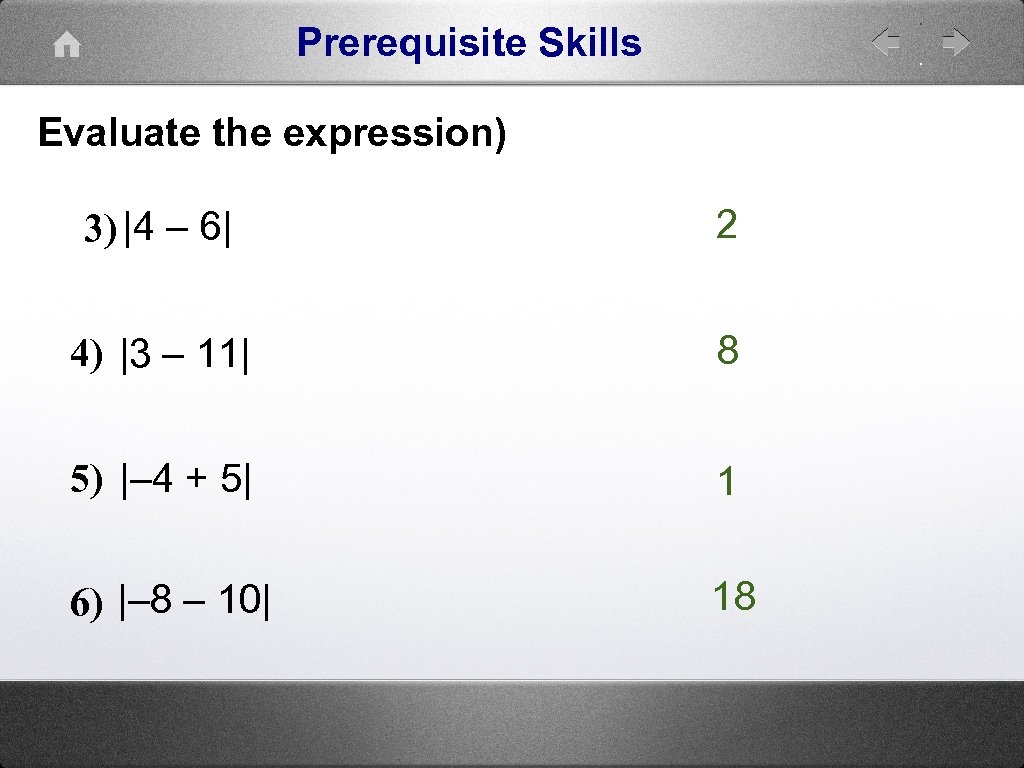 Prerequisite Skills Evaluate the expression) 3) |4 – 6| 2 4) |3 – 11|