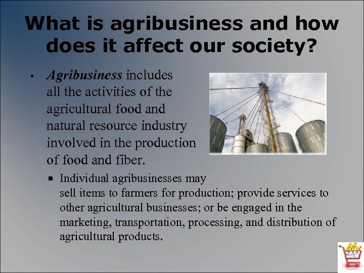 What is agribusiness and how does it affect our society? • Agribusiness includes all