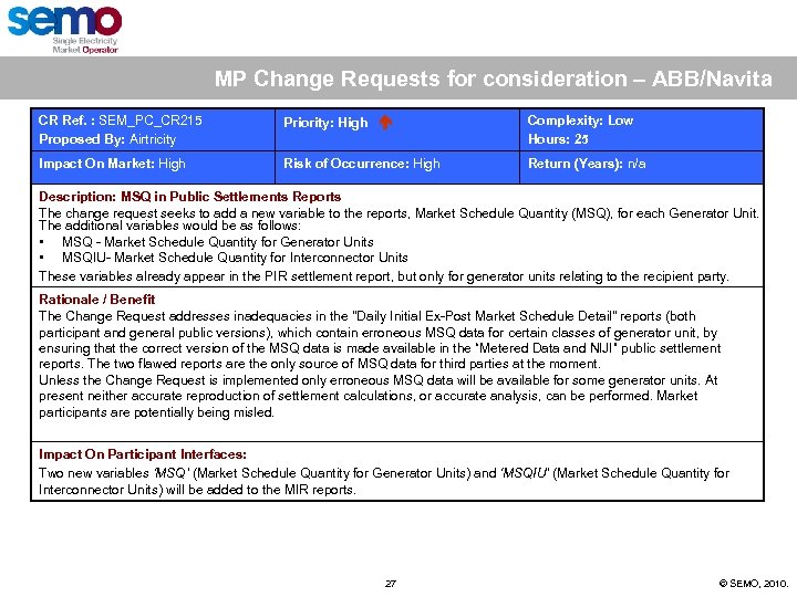 MP Change Requests for consideration – ABB/Navita CR Ref. : SEM_PC_CR 215 Proposed By: