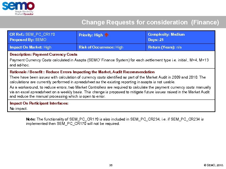 Change Requests for consideration (Finance) CR Ref. : SEM_PC_CR 170 Proposed By: SEMO Priority: