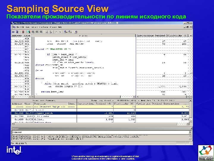 Sampling Source View Показатели производительности по линиям исходного кода VTune and the Intel logo