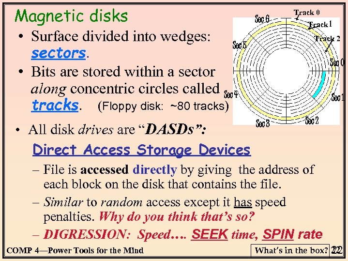 Magnetic disks • Surface divided into wedges: Sec 6 Track 1 Track 2 Sec