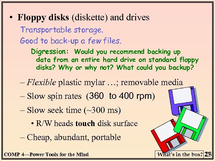  • Floppy disks (diskette) and drives Transportable storage. Good to back-up a few