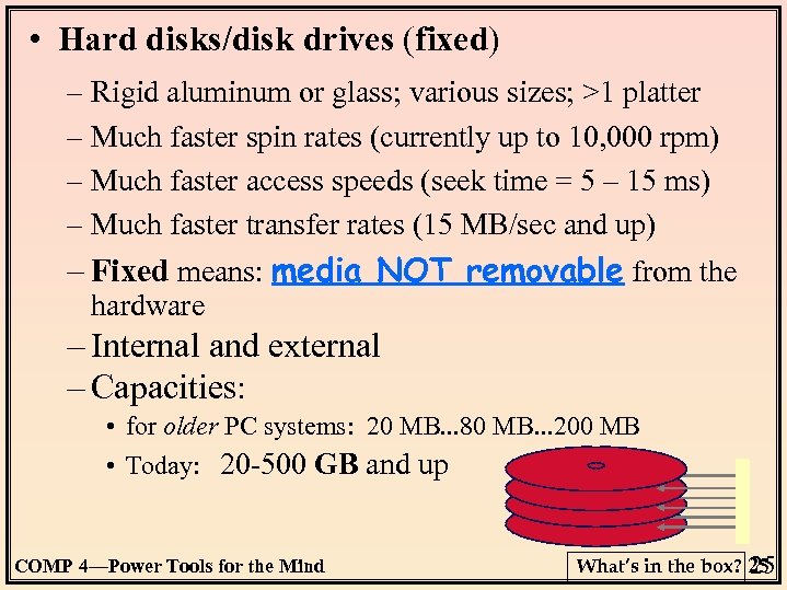  • Hard disks/disk drives (fixed) – Rigid aluminum or glass; various sizes; >1