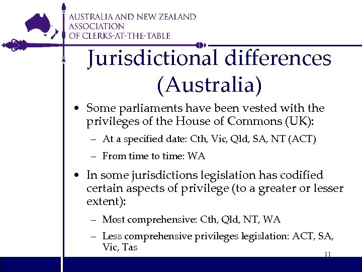 Jurisdictional differences (Australia) • Some parliaments have been vested with the privileges of the