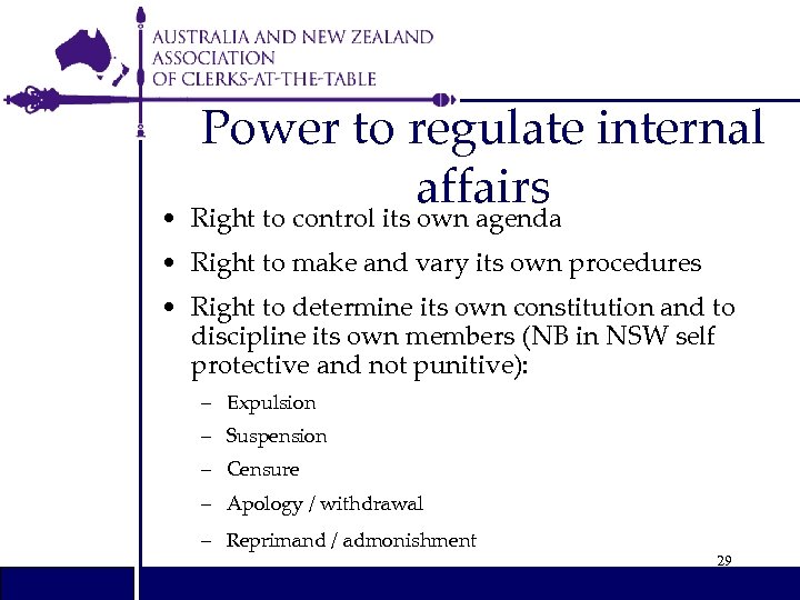 Power to regulate internal affairs • Right to control its own agenda • Right