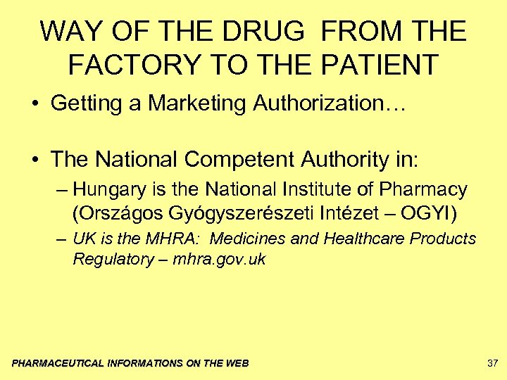 WAY OF THE DRUG FROM THE FACTORY TO THE PATIENT • Getting a Marketing