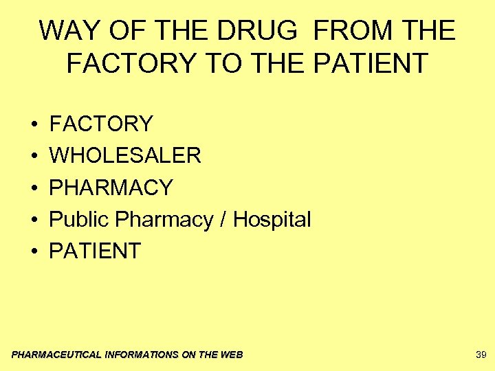 WAY OF THE DRUG FROM THE FACTORY TO THE PATIENT • • • FACTORY