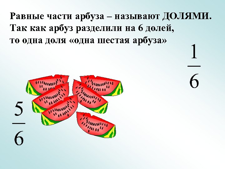 Равные части арбуза – называют ДОЛЯМИ. Так как арбуз разделили на 6 долей, то