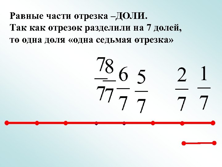 Равные части отрезка –ДОЛИ. Так как отрезок разделили на 7 долей, то одна доля