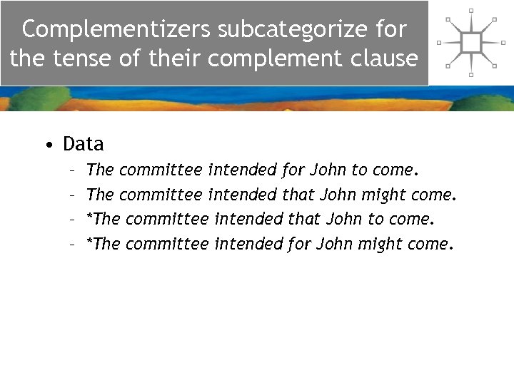 Complementizers subcategorize for the tense of their complement clause • Data – – The