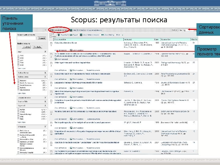 Панель уточнения поиска Scopus: результаты поиска Сортировка данных Просмотр полного тек 