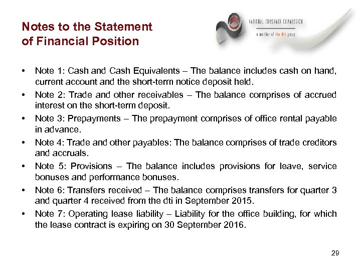 Notes to the Statement of Financial Position • • Note 1: Cash and Cash