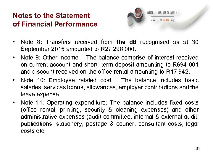 Notes to the Statement of Financial Performance • Note 8: Transfers received from the