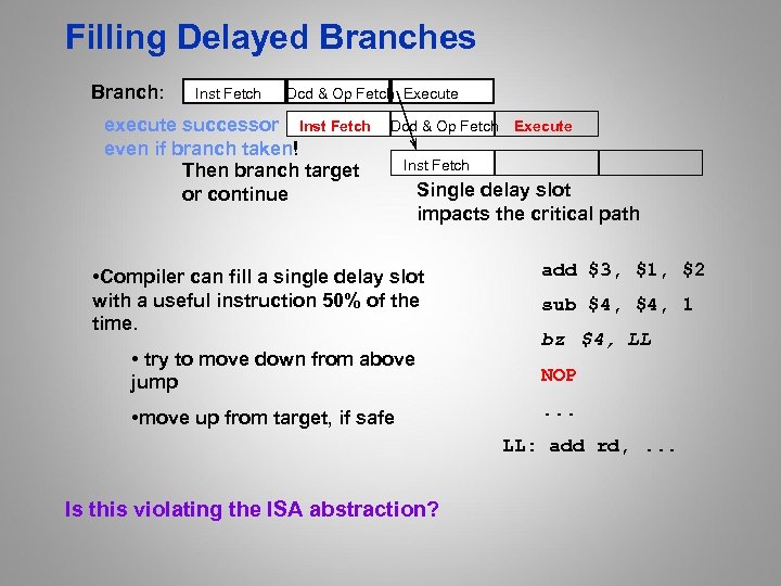 Filling Delayed Branches Branch: Inst Fetch Dcd & Op Fetch Execute execute successor Inst