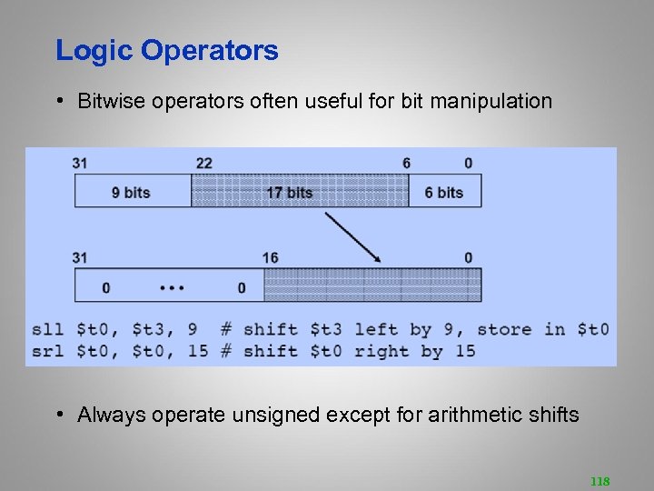 Logic Operators • Bitwise operators often useful for bit manipulation • Always operate unsigned