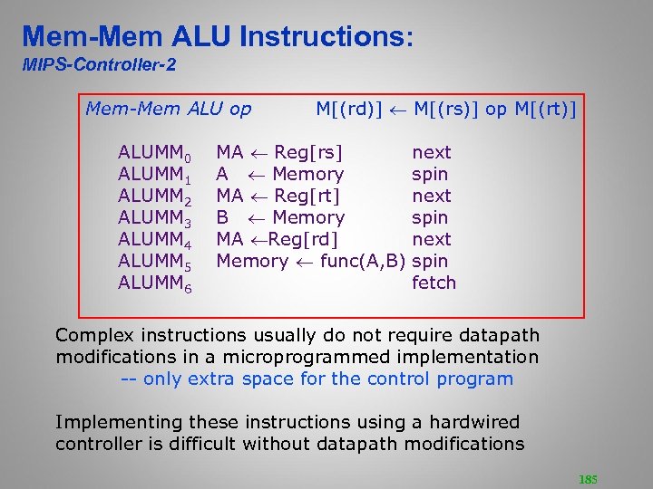 Mem-Mem ALU Instructions: MIPS-Controller-2 Mem-Mem ALU op ALUMM 0 ALUMM 1 ALUMM 2 ALUMM