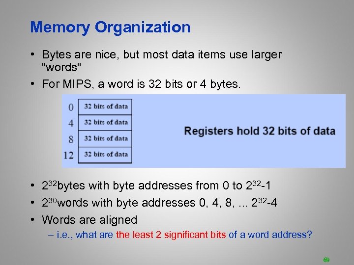 Memory Organization • Bytes are nice, but most data items use larger "words" •