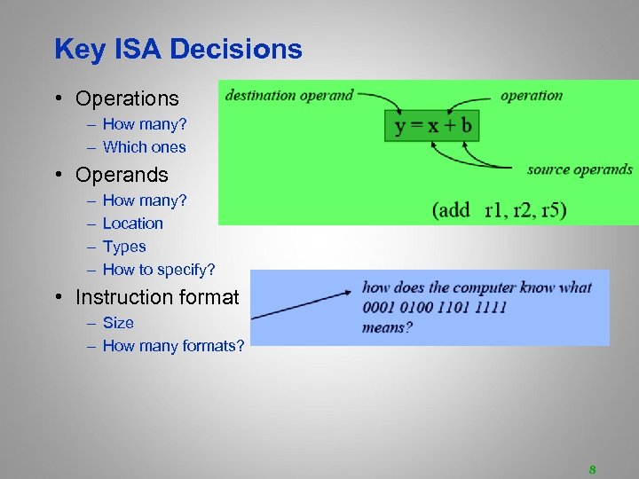 Key ISA Decisions • Operations – How many? – Which ones • Operands –