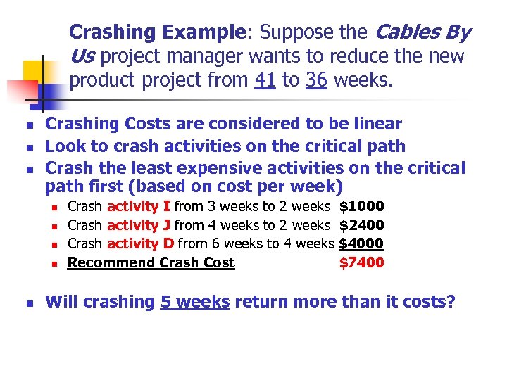 Crashing Example: Suppose the Cables By Us project manager wants to reduce the new