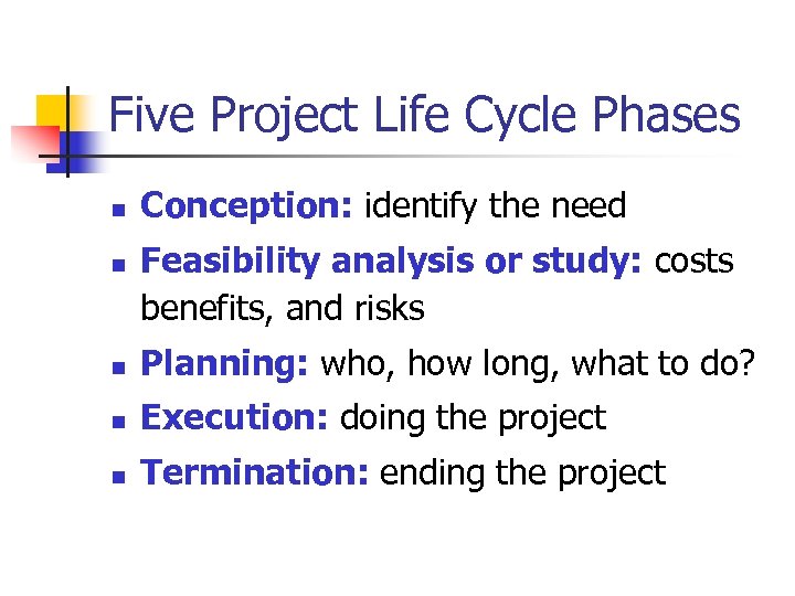 Five Project Life Cycle Phases n n Conception: identify the need Feasibility analysis or