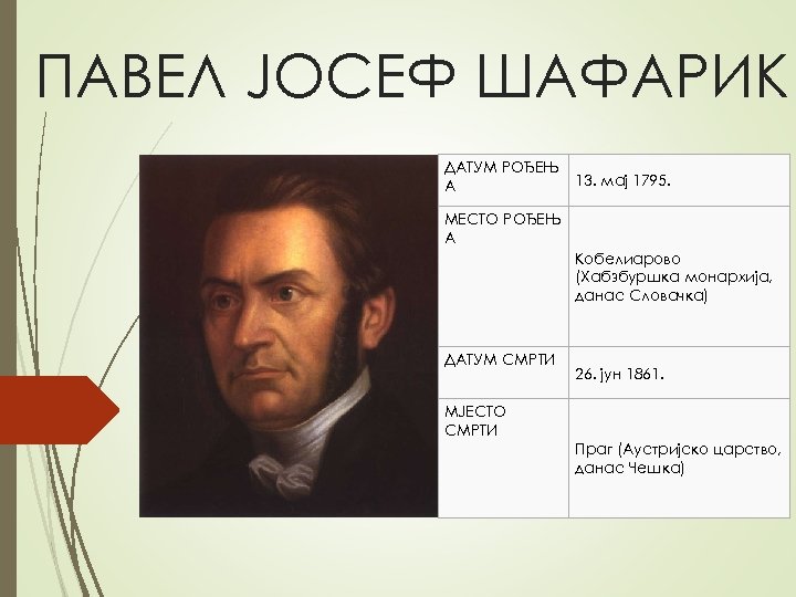 ПАВЕЛ ЈОСЕФ ШАФАРИК ДАТУМ РОЂЕЊ А 13. мај 1795. МЕСТО РОЂЕЊ А Кобелиарово (Хабзбуршка