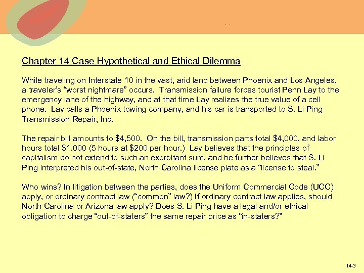 Chapter 14 Case Hypothetical and Ethical Dilemma While traveling on Interstate 10 in the