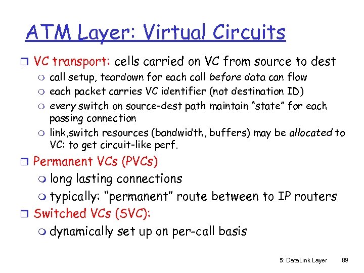 ATM Layer: Virtual Circuits r VC transport: cells carried on VC from source to
