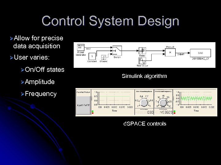 Control System Design ØAllow for precise data acquisition ØUser varies: ØOn/Off states ØAmplitude Simulink