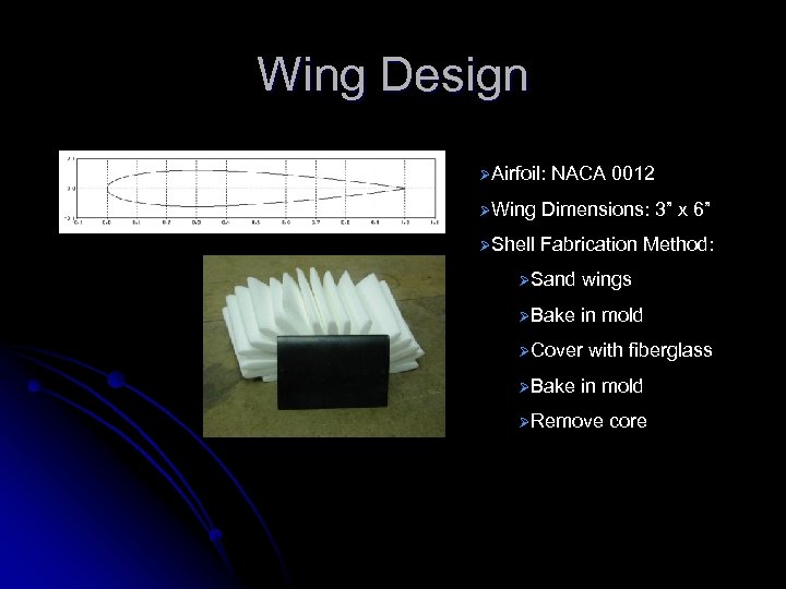 Wing Design ØAirfoil: NACA 0012 ØWing Dimensions: 3” x 6” ØShell Fabrication Method: ØSand