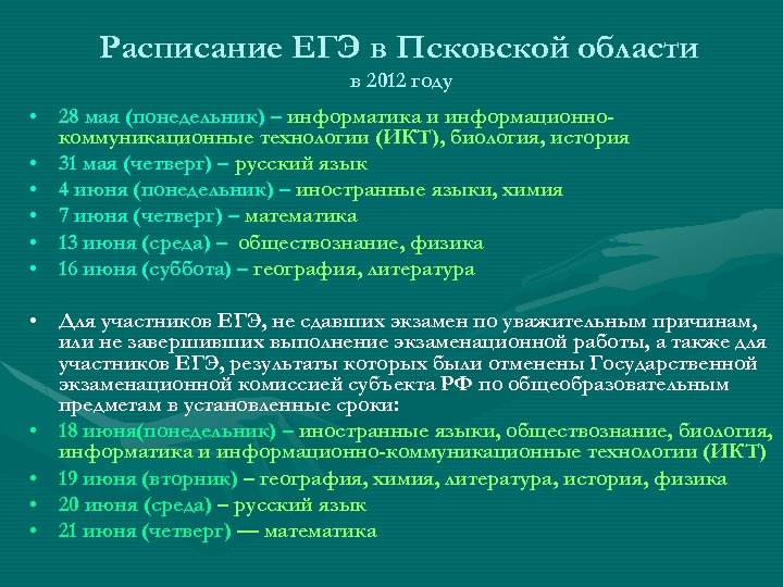 Расписание ЕГЭ в Псковской области в 2012 году • 28 мая (понедельник) – информатика