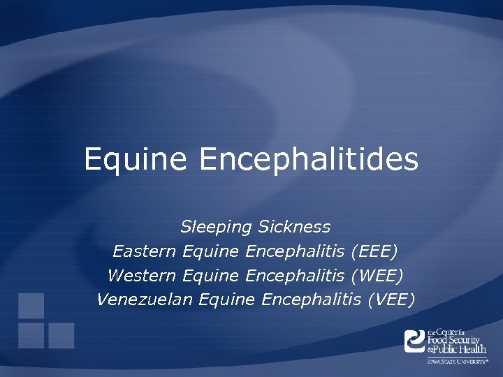 Equine Encephalitides Sleeping Sickness Eastern Equine Encephalitis (EEE) Western Equine Encephalitis (WEE) Venezuelan Equine