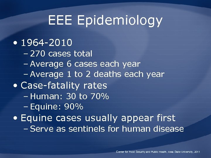 EEE Epidemiology • 1964 -2010 – 270 cases total – Average 6 cases each