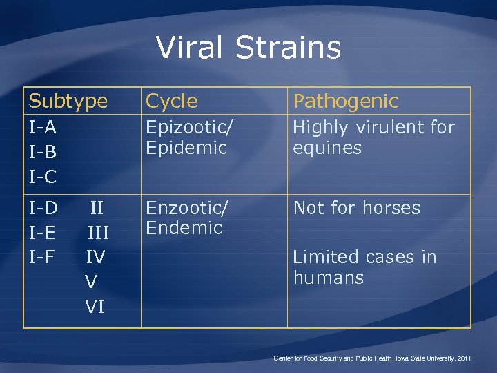 Viral Strains Subtype Cycle Pathogenic I-A I-B I-C Epizootic/ Epidemic Highly virulent for equines