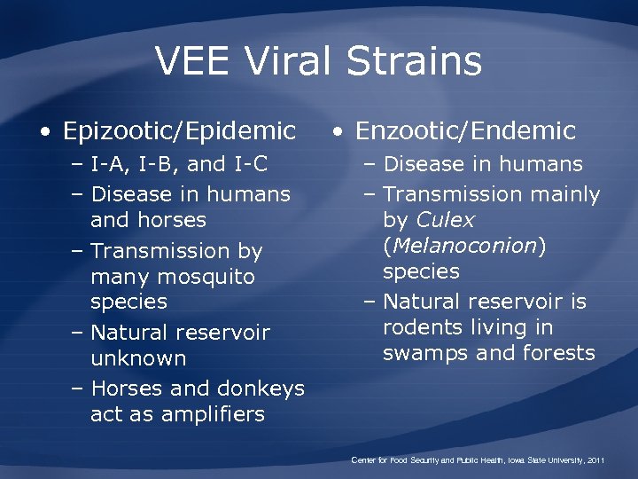 VEE Viral Strains • Epizootic/Epidemic – I-A, I-B, and I-C – Disease in humans