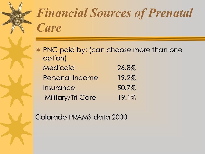 Financial Sources of Prenatal Care ¬ PNC paid by: (can choose more than one