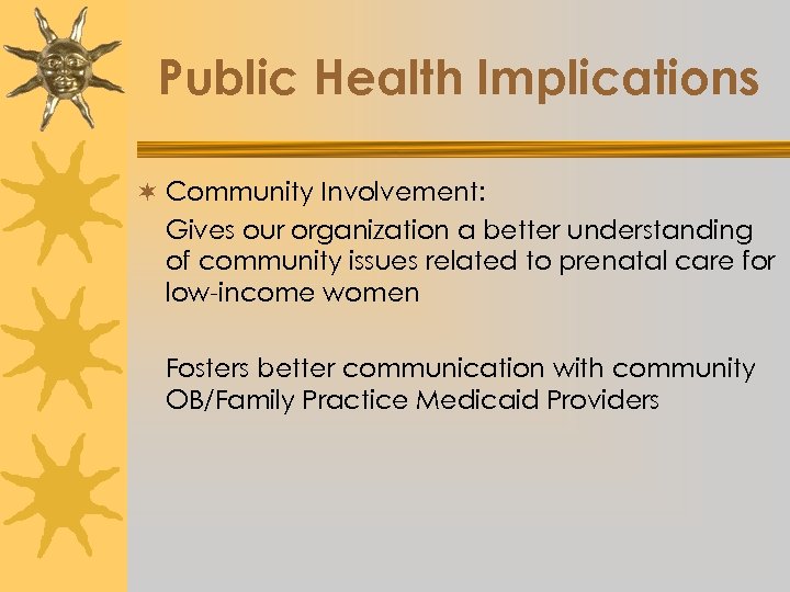 Public Health Implications ¬ Community Involvement: Gives our organization a better understanding of community