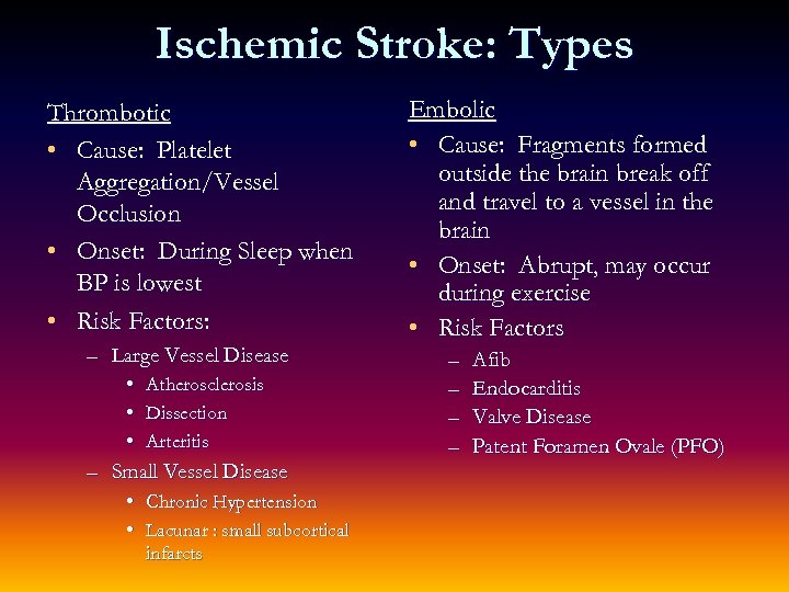 Ischemic Stroke: Types Thrombotic • Cause: Platelet Aggregation/Vessel Occlusion • Onset: During Sleep when