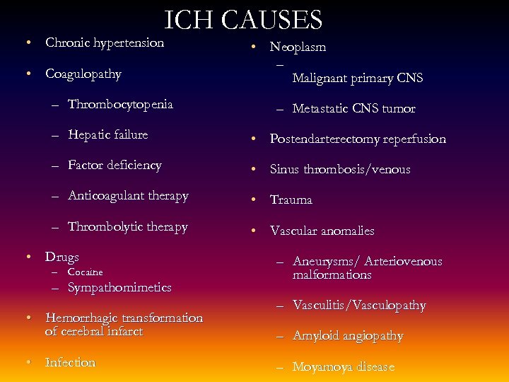 ICH CAUSES • Chronic hypertension • Coagulopathy – Thrombocytopenia • Neoplasm – Malignant primary