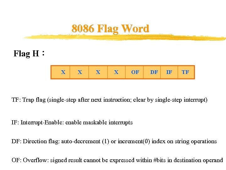 8086 Flag Word Flag H： X X OF DF IF TF TF: Trap flag
