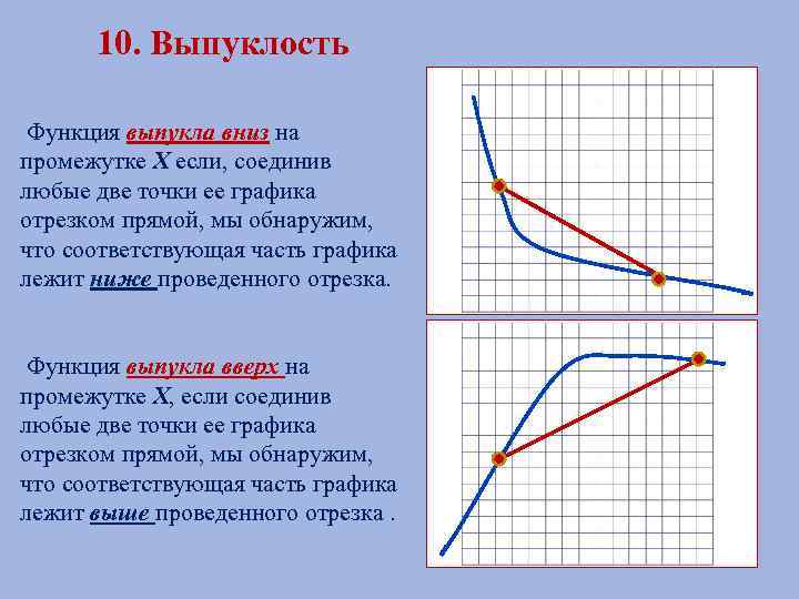 10. Выпуклость Функция выпукла вниз на промежутке Х если, соединив любые две точки ее