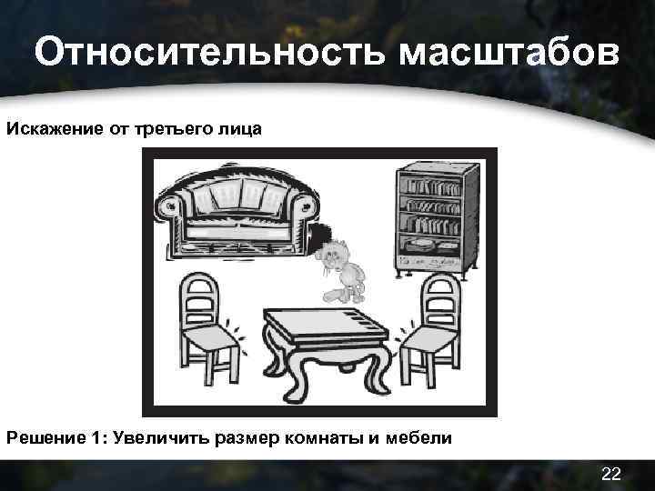 Относительность масштабов Искажение от третьего лица Решение 1: Увеличить размер комнаты и мебели 22