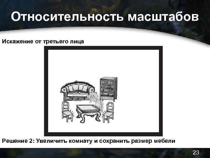 Относительность масштабов Искажение от третьего лица Решение 2: Увеличить комнату и сохранить размер мебели