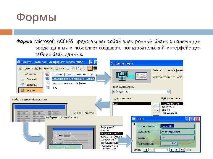 Формы Форма Microsoft ACCESS представляет собой электронный бланк с полями для ввода данных и