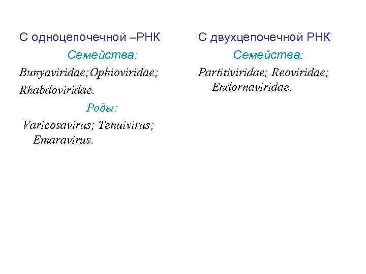 С одноцепочечной –РНК Семейства: Bunyaviridae; Ophioviridae; Rhabdoviridaе. Роды: Varicosavirus; Tenuivirus; Emaravirus. С двухцепочечной РНК