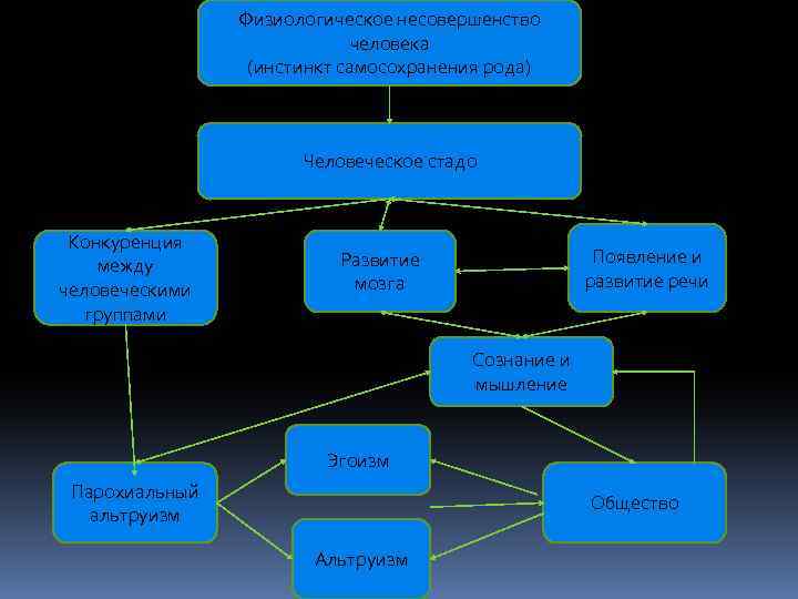 Физиологическое несовершенство человека (инстинкт самосохранения рода) Человеческое стадо Конкуренция между человеческими группами Появление и
